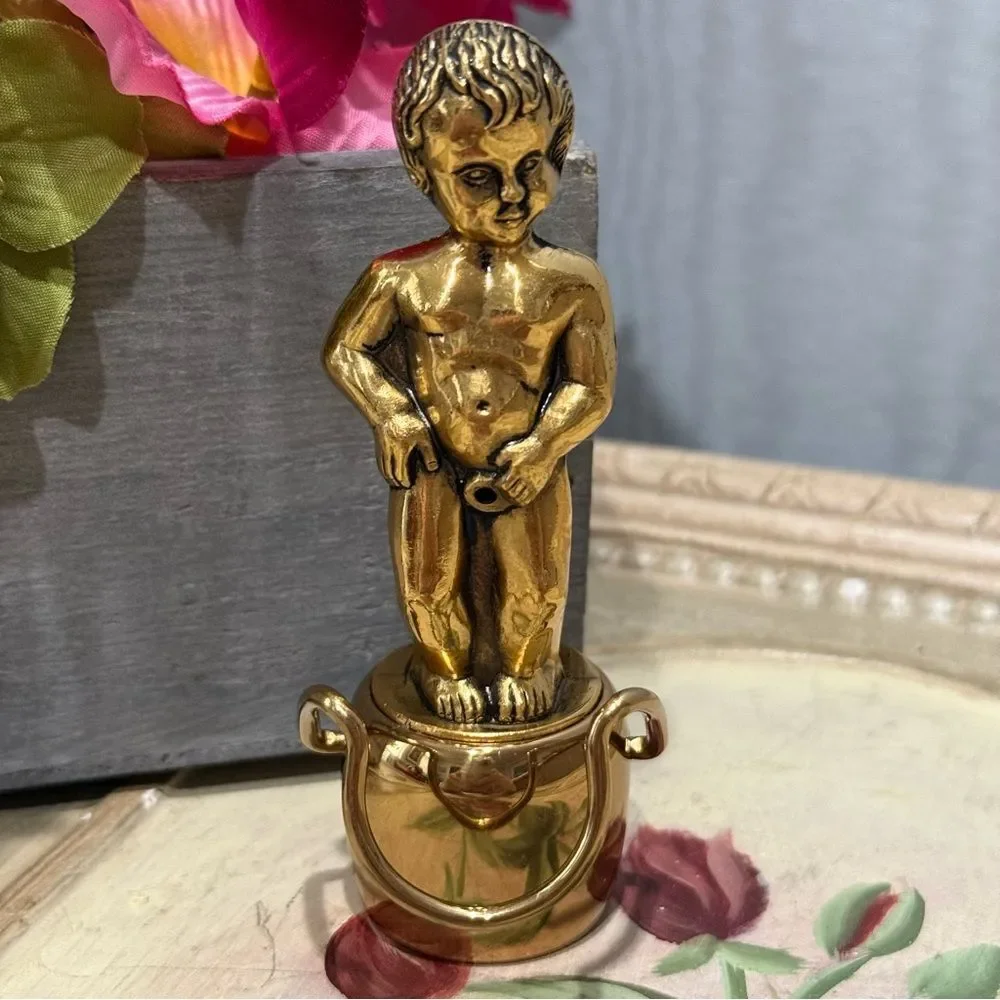 Vintage Heavy Brass Little Boy Bottle Stopper Pour Spout Risqué Whimsical